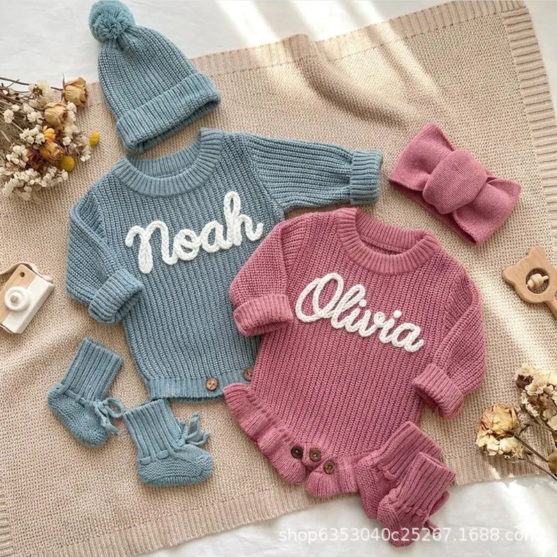 <font dir="auto" style="vertical-align: inherit;"><font dir="auto" style="vertical-align: inherit;">Cross-border customized alphabet baby autumn warm bodysuit romper knit sweater romper for toddlers and infants</font></font>