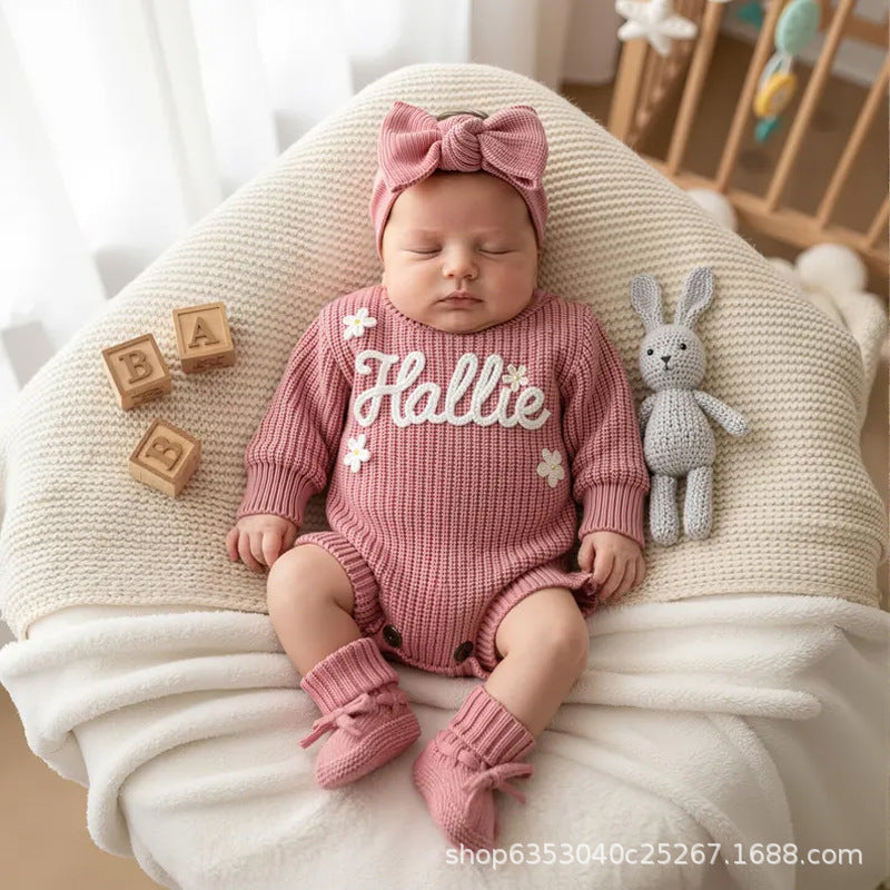 <font dir="auto" style="vertical-align: inherit;"><font dir="auto" style="vertical-align: inherit;">Cross-border customized alphabet baby autumn warm bodysuit romper knit sweater romper for toddlers and infants</font></font>
