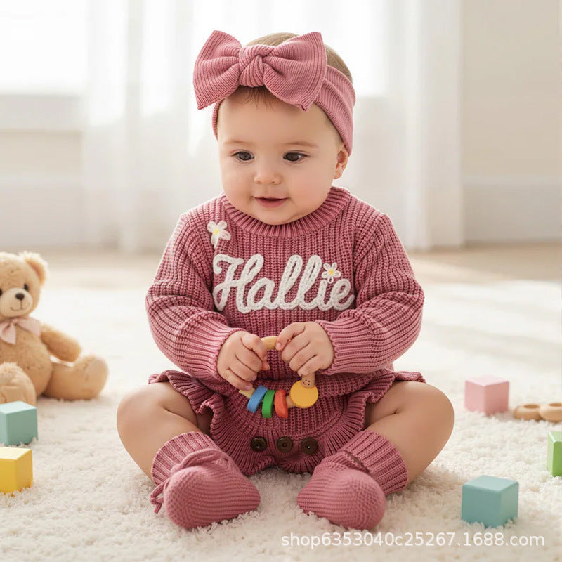 <font dir="auto" style="vertical-align: inherit;"><font dir="auto" style="vertical-align: inherit;">Cross-border customized alphabet baby autumn warm bodysuit romper knit sweater romper for toddlers and infants</font></font>
