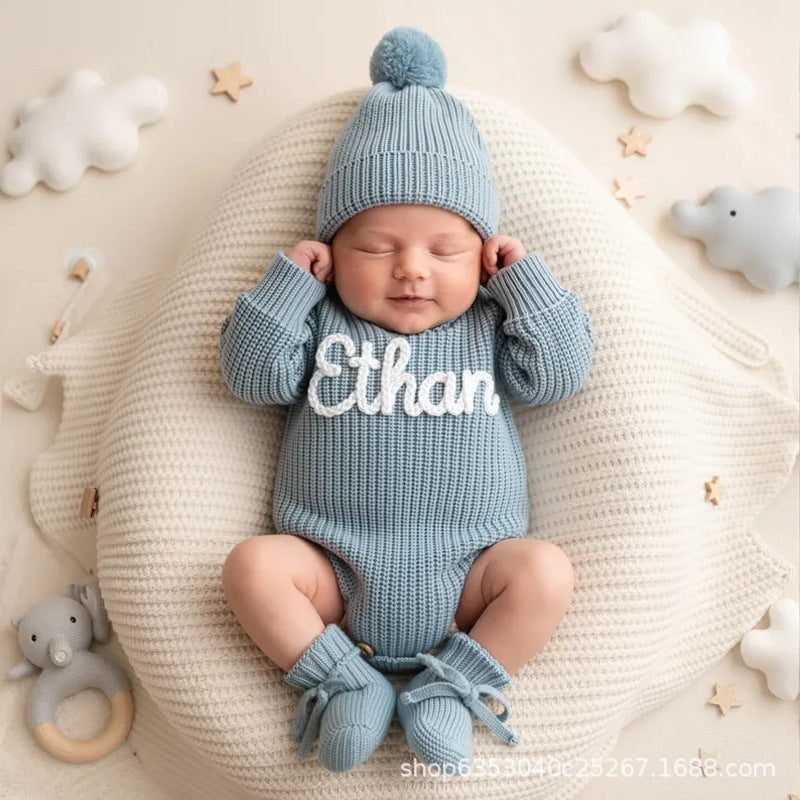 <font dir="auto" style="vertical-align: inherit;"><font dir="auto" style="vertical-align: inherit;">Cross-border customized alphabet baby autumn warm bodysuit romper knit sweater romper for toddlers and infants</font></font>